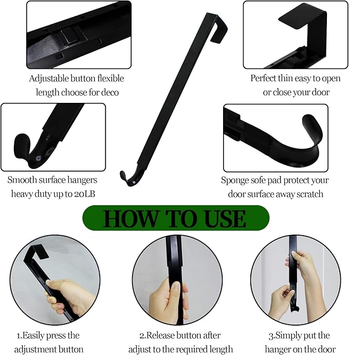 Tuzuaol Wreath Hangers for Front Door, Adjustable Wreath Hanger from 15 to 25 inch Over The Door Hooks Non-Scratch for Christmas Wreath Door Decor