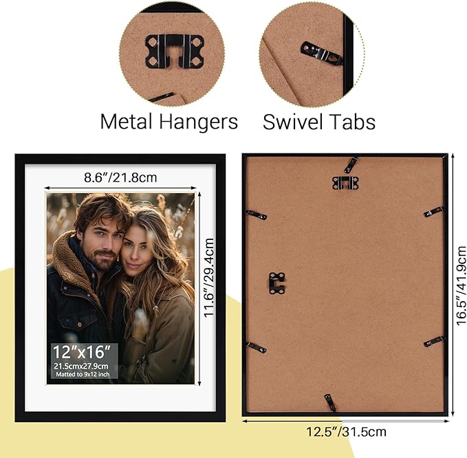 Rempry 12x16 Picture Frame, Display Poster 9x12 with Mat or 12 x 16 Without Mat, Wall Gallery Photo Frames with Shatter Resistant Plexiglass, Black, 1 Pack