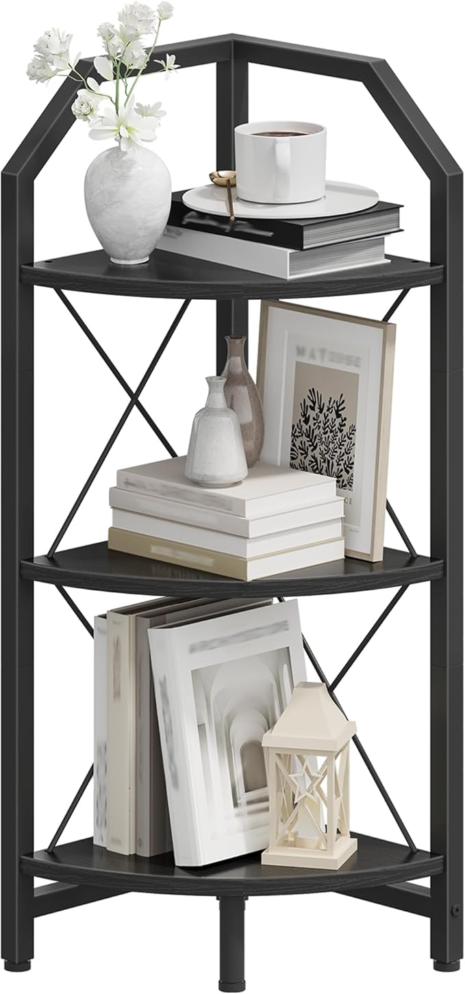CHOEZON 3-Tier Corner Shelf, Industrial Corner Bookshelf, 35.4" Storage Stand, Plant Stand Display Shelf, Bookcase for Bedroom, Living Room, Home Office, Black TCJ03BB ﻿