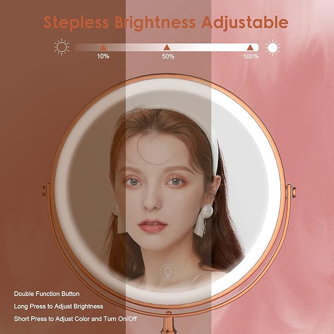 DEIOVWXS Makeup Mirror, 3000mAh Rechargeable Double-Sided Magnifying Vanity Mirror with 3 Colors, 1X/10X, Adjustable Brightness, Gifts for Mom, Mothers Day, Women, Wife, Girls, Dorm Room Essential