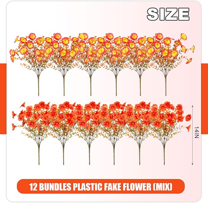 Fake Flowers Artificial for Outdoor Decoration Autumn Silk Flower UV Resistant, 12 Bundles Faux Morning Glory with Eucalyptus Greenery for Indoor Garden Planters Patio Window Home Decor, Mix