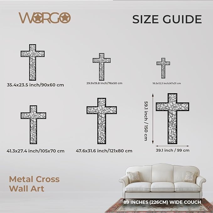 WORGO White Metal Cross Wall Decor Iron Christian Cross for Home Church, Hollow Out Artistic Hanging Ornament, Crosses Wall Decor for Living Room, Bedroom, Decorative Thankful Religious Gift 29.9x19.8 inch