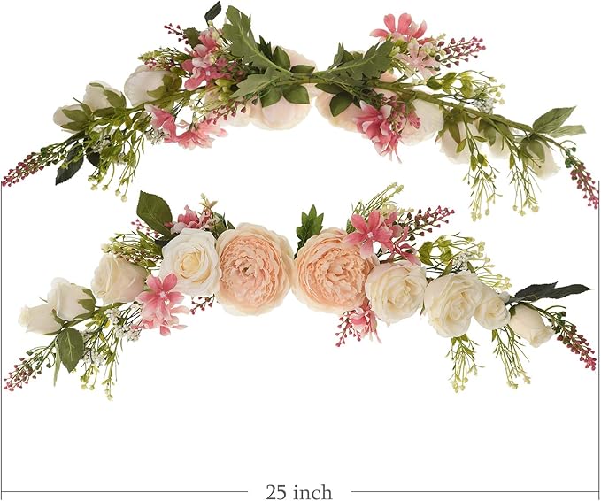 Lvydec Artificial Peony Flower Swag, 25 Inch Decorative Swag with Champagne Peony White Rose and Green Leaves for Wedding Arch Front Door Wall Decor