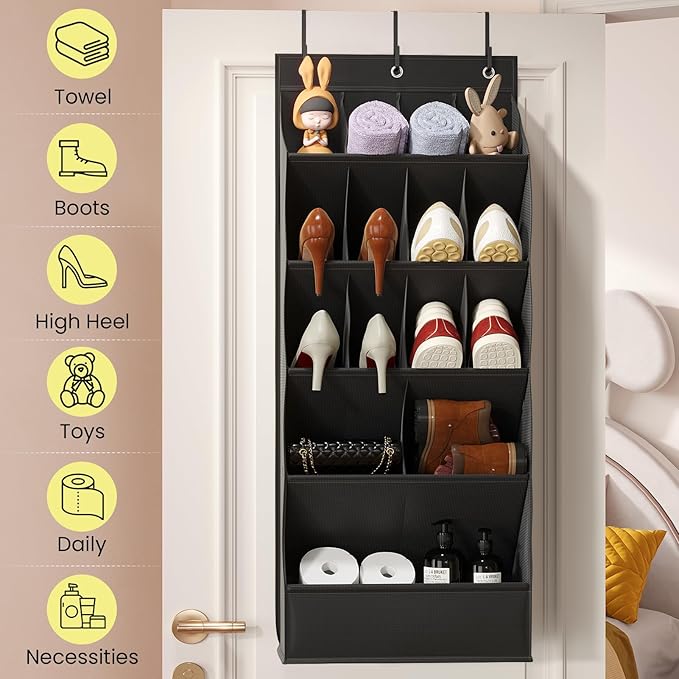 15 Pockets Over the Door Shoe Organizer, Shoe Rack for Closet Door with Large Breathable Pockets, Hanging Shoes Rack for Boots Size, Behind the Door Organizer Shoe Holder for Flexible Storage, Black