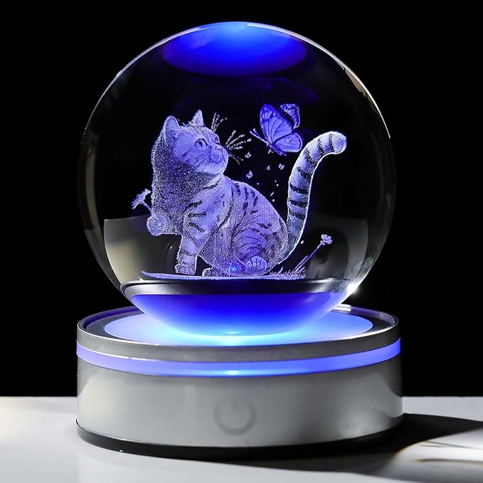 Movdyka 3D Laser Cat Figurines Lamp Glass Animals Statue Home Office Decor, Cat Theme Gifts for Women, Men, Girls - 3.15"/8CM