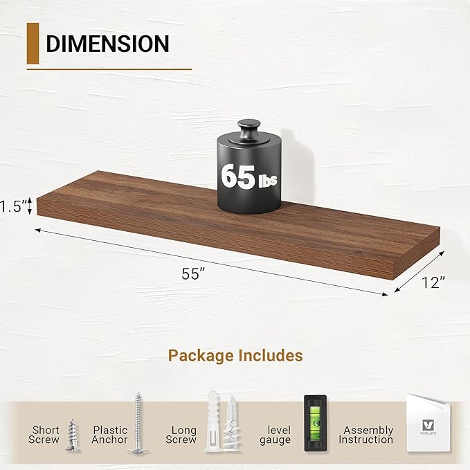 Vivelove Rustic Floating Shelves for Wall 12 Inch Deep, 55" X 12" X 1.5" Floating Shelf, 2 Inch Thick Shelf for Living Room Bathroom Bedroom Kitchen Office, Rustic Farmhouse Decor Set of 2, Walnut