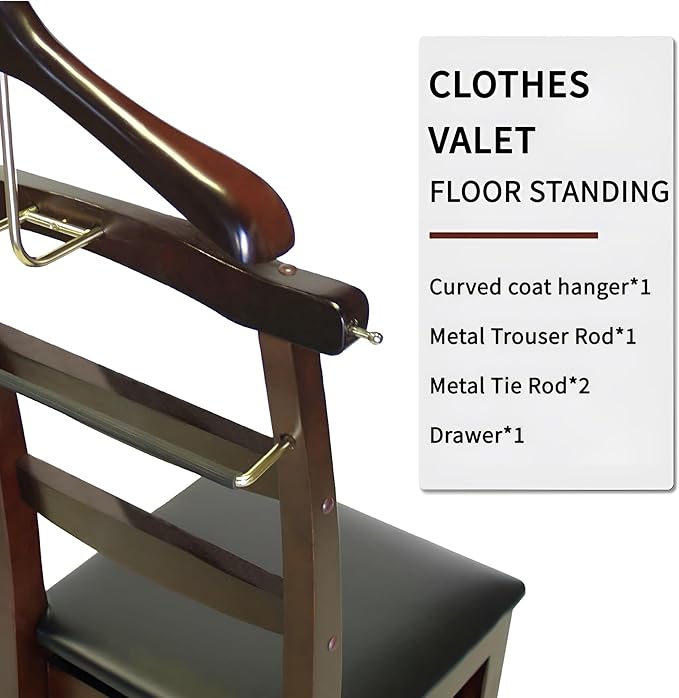 ZCXBHD Suit Valet Stands For Men With Drawer Wooden Chair Valet Stand Freestanding Valet Stand for Women With Trouser Bar And Tie Bar