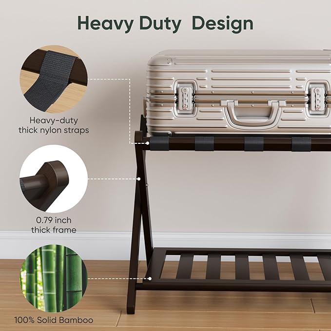 Pack of 2 Fully Assembled Bamboo Luggage Racks, Folding Suitcase Stand with Shoe Shelf, 5 Nylon Straps, Heavy Duty, Luggage Stands Ideal for Guest Room, Bedroom, Hotel, Espresso