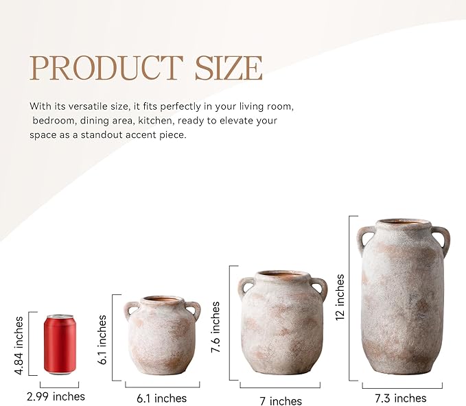 Ceramic Flower Vase Home Decor - 7.6 Inch Farmhouse Rustic Table Vases with Handle Living Room Decoration Decorative Vintage Pottery for Kitchen Shelf Coffee Dining Bookshelf Fireplace Centerpiece