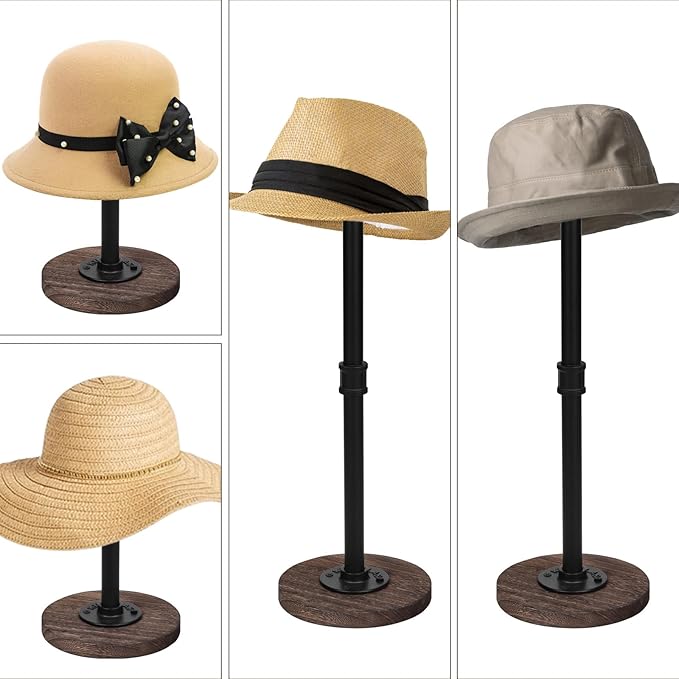 4Pcs Tabletop Hat Stand Cap with Height Adjustment, Industrial Metal Pipe Rustic Burnt Wood Hat Rack, Wig Rack for Chapeau, Cowboy Hat, Helmet