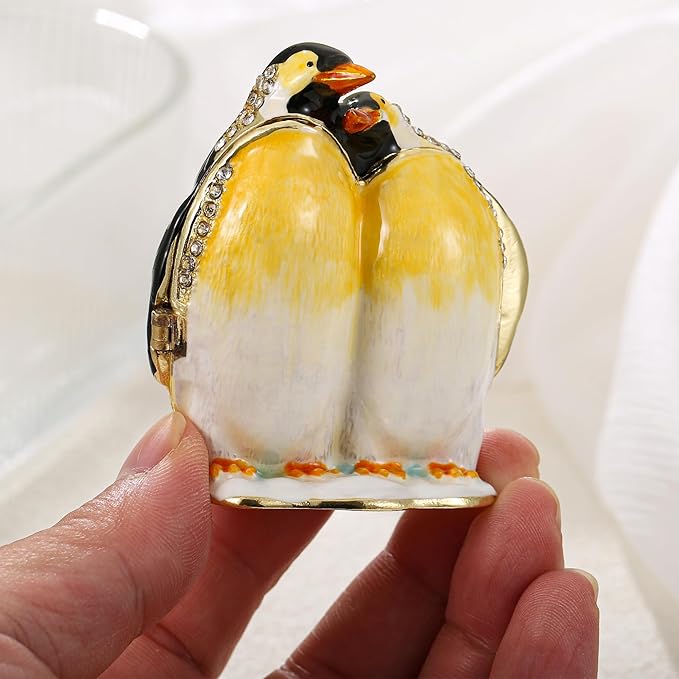 Hand Painted Trinket Box for Home Decor Accents, Enamel Hinged Jewelry Box for Bookshelf Office Table Desk Decoration, Classical Figurine Collectible Keepsake Animal Sculptures (Couple Penguin)