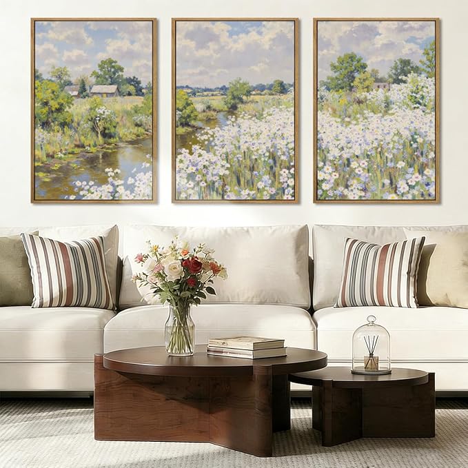 BINCUE Framed Wildflower Wall Art Rustic Floral Wall Decor Vintage Landscape Artwork Nature Flowers Wall Pictures Wildflowers Art Prints Florals Paintings for Living Room Bedroom Bathroom Farmhouse 16x24 Inches Set of 3 Gift