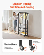VEVOR Clothes Rack, Rolling Clothing Garment Rack with Hanging Rod and Side Hooks, 3 Storage Shelves, 99 lbs Load Capacity, Heavy Duty Carbon Steel Clothing Racks for Bedroom, Laundry, Living Room