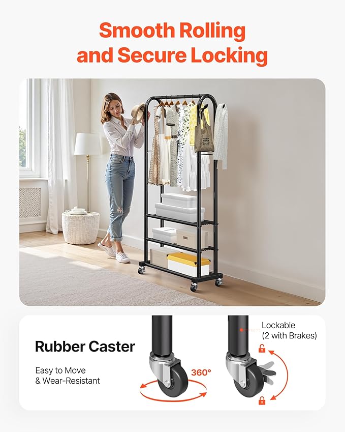 VEVOR Clothes Rack, Rolling Clothing Garment Rack with Hanging Rod and Side Hooks, 3 Storage Shelves, 99 lbs Load Capacity, Heavy Duty Carbon Steel Clothing Racks for Bedroom, Laundry, Living Room