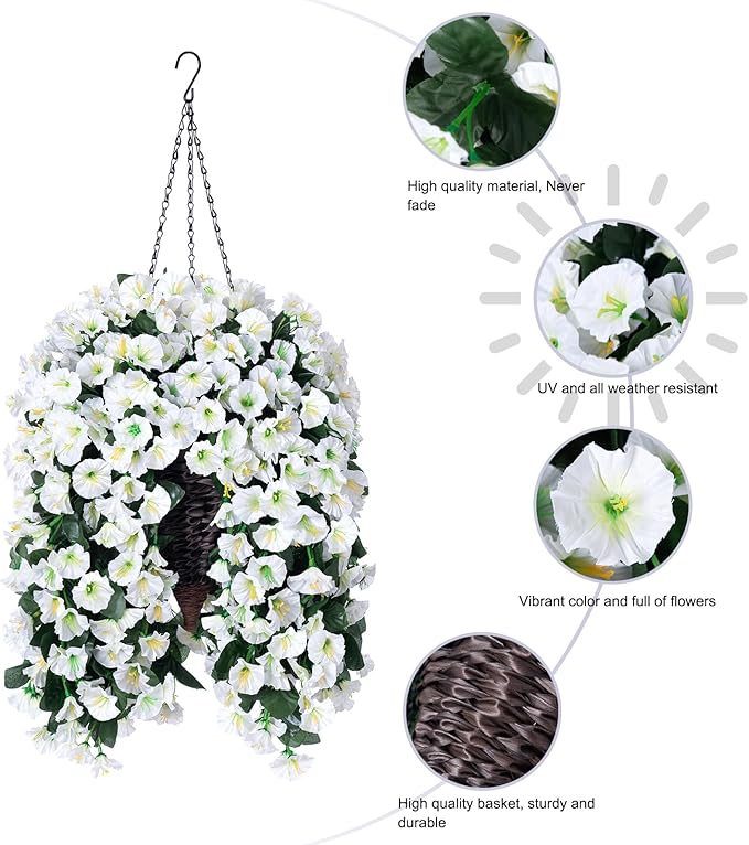 Artificial Fake Flowers Plants Hanging Baskets for Outdoor Outside Winter Christmas Decor, Faux Silk Hanging White Morning Glory Trailing Vines UV Resistant for Porch Patio Home Decoration