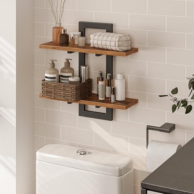 HOOBRO Floating Shelves, 15 Inch Wall Shelf Set of 2, Wall Mounted Storage Shelves 2-Tier, Hanging Bathroom Shelves, for Living Room, Bedroom, Bathroom, Kitchen, Rustic Brown and Black BF32BJ01G1