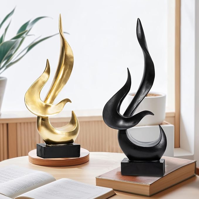 Black Fire Flame Sculpture, Modern Abstract Resin Statue, Art Statue Home Decor for Living Room TV Stand Coffee Table Shelf Accents Decor.