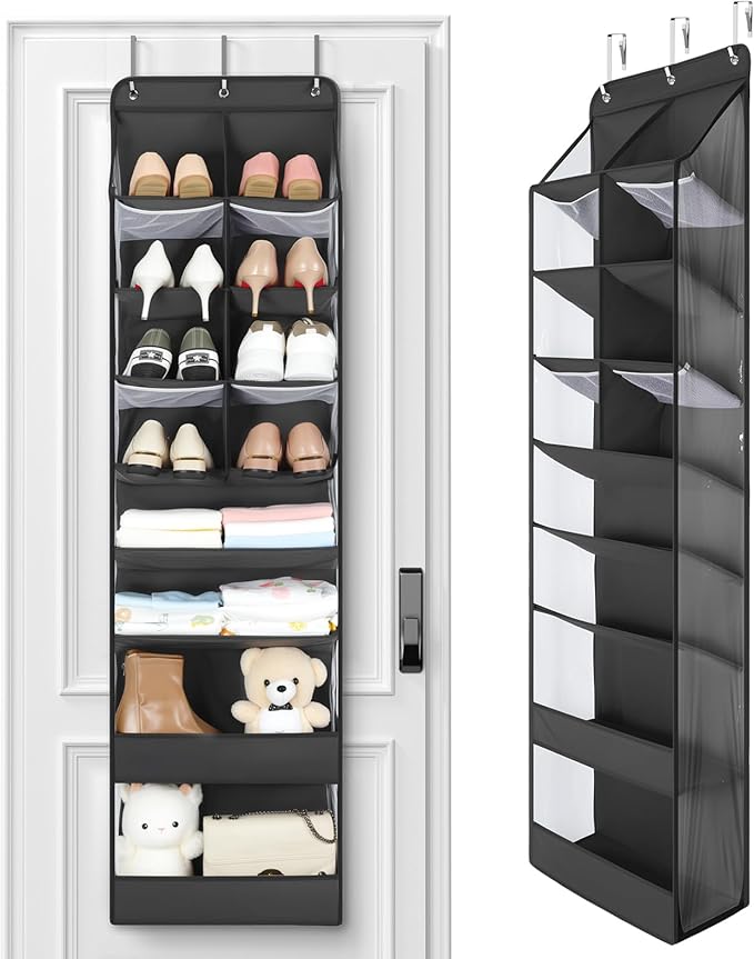 Yecaye Over the Door Shoe Organizer Hanging with Large Pockets, 8 Tier Back of Door Storage for Nursery, Closet and Bathroom, Partition Behind Door Organizers Shelf with Baby Clothes (1 Pack, Black)