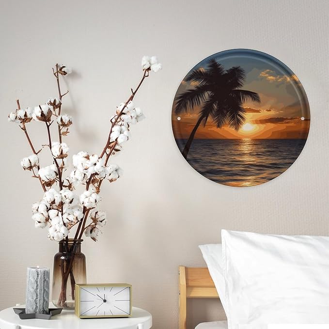 Wall Picture, with Sunset Palm Tree Ocean Printed Circular Iron Hanging Picture,Wall Art Decor,Home for Bedroom Living Room Bathroom Decor,Iron Painting 11.8X11.8 in