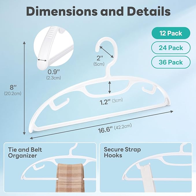 HOUSE DAY Plastic Clothes Hangers 12 Pack, Sweater Hangers No Shoulder Bump, Thick Heavy Duty Coat Hanger for Closet, White Wide Hanger with Non-Slip Hook for Sweaters, Suits, Dresses, Jackets, Pants