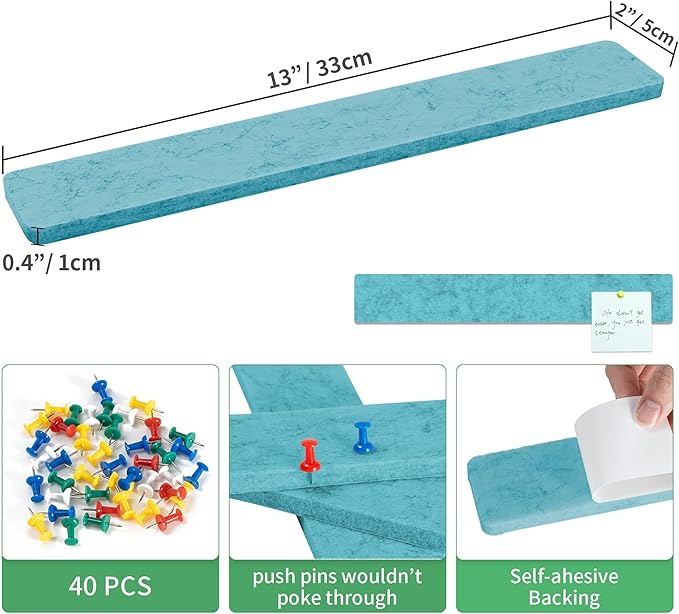 Cork Board for Walls - 8 Pack Felt Pin Board Bar Strips - Self-Adhesive Lightweight Bulletin Board - Cork Board for Office with 40 Push Pins No Damage for Wall (Lake Blue)