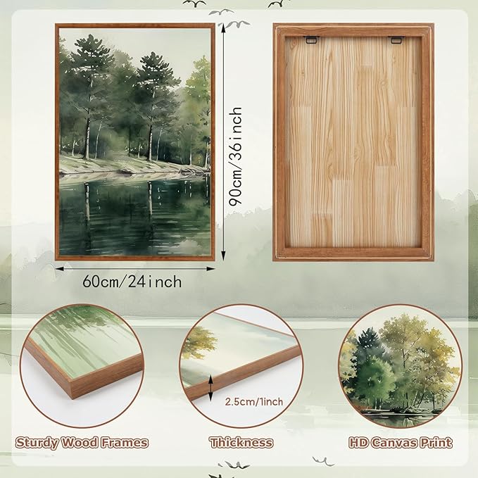 KAIRNE Framed Nature Canvas Wall Art Set,Misty Forest Wall Decor,Green Mountain Forest Pictures,Lake Water Painting set of 3(24”x36”),Landscape Scene Print for Living Room, Bedroom,Gallery Decor