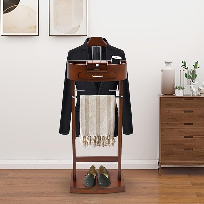 Wood Clothes Valet Stand, Wood Suit Rack with Tray, Floor Standing Suit Valet Stand with Open Structure Tray & Drawer, for Living Room, Dressing Room, Entryway, Office, Hotel