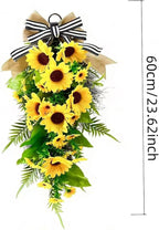 23.6inch Artificial Sunflower Swag for Front Door Faux Sunflower Teardrop Swags Wreath with Linen Bow Spring Summer Floral Swag for Farmhouse Wall Window Cabinet Decor
