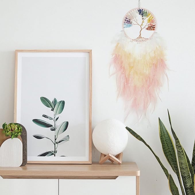 Pretty Jolly Rainbow Tree of Life Dream Catcher Wall Decor with Healing Crystal Stone Handmade Colorful Feather Dream Catchers Decoration Wall Hanging Bedroom Living Room Wedding Party Gift-25.6"