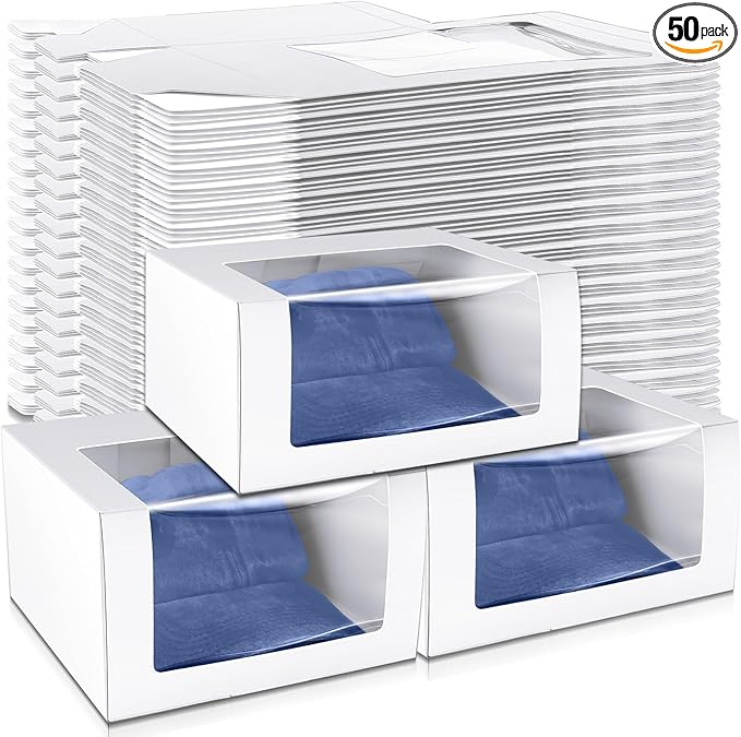 50 Pcs 50 Pack Hat Boxes with Clear Window, Foldable Black Gift Boxes for Baseball Caps, Storage, Display and Shipping (White)