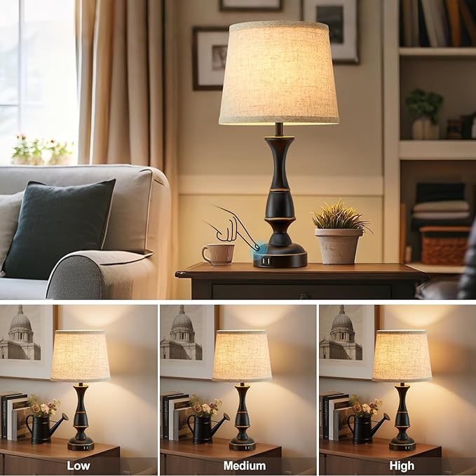 Luvkczc Touch Table Lamps Set of 2, 22" Tall Bedside Lamps with Dual USB A Ports, Dimmable Nightstand Lamps for Bedroom, Living Room, Office, Black Lamps with Beige Lampshade, Bulb Included