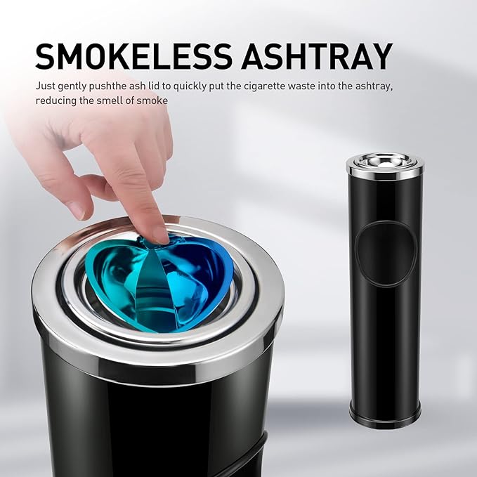 Anfrere Standing Ashtray Outdoor for Patio, Large & Tall Outside Ash Tray for Cigarette Butt Receptacle Disposal, Commercial Metal Smokers Cigar Ash Tray Container with Lid and Trash Can, D01BK