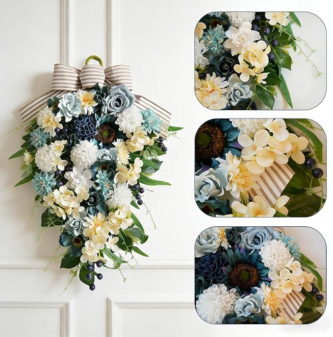 Idyllic 25 Inch Spring Blue Rose Door Hanging Artificial Floral Swag for Front Door Window Porch Stair Railing Spring Holiday Indoor Outdoor Home Decor