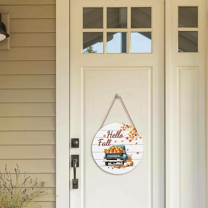 Hello Fall Wreath for Front Door Fall Truck Welcome Door Sign 12x12 Inch Autumn Maple Leaf Pumpkin Wood Door Hanger Farmhouse Thanksgiving Hanging Plaque for Home Porch Wall Indoor Outdoor Decorations