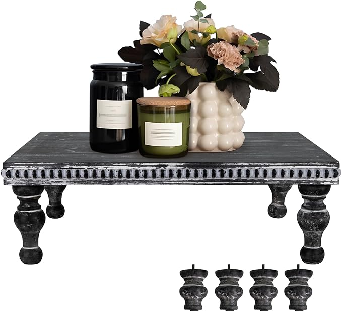 MAONAME Wood Display Risers Decorative Tray, Farmhouse Pedestal Stand for Display Home Decor, Vintage Black Beaded Wooden Tray for Kitchen Counter, Short and Tall Footed