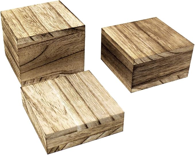 MOOCA 3-Piece Wooden Square Risers for Display Jewelry and Accessories Stand, Wood Display Stand, Oak Color