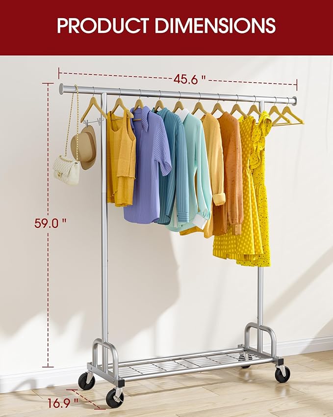 Clothes Rack - Large-Capacity Clothing Racks for Hanging Clothes with Lockable Wheels, Space-Saving Metal Coat Rack for Bedroom, Laundry Room, Entryway, 45.6" x 16.9" x 59", Silver