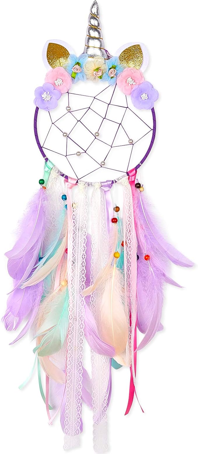 QtGirl Dream Catchers for Kids Unicorn Wall Decor for Girls Bedroom Flower Feather Wall Hanging Decoration