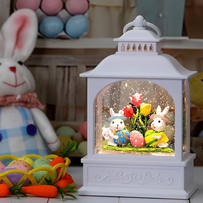 Easter Bunny Snow Globe, Easter Eggs Spring Snow Globe 6H Timer Glitter Lantern Easter Decorations (Bunny Eggs)
