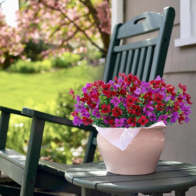 Artificial Faux Plants Flowers Outdoor Spring Summer Decoration, 12 Bundles Fake Silk Colorful Daisy Eucalyptus Realistic UV Resistant for Outside Home Planter Porch Patio Yard Decor (Red Purple)