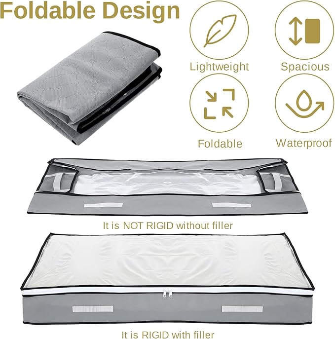 4 Pack 5.5 Inches High Under Bed Storage Containers, Low Profile Under Bed Storage Containers, Foldable Underbed Bag Stackable Closet Organizers for Blankets Clothing Comforter Wrapping Paper