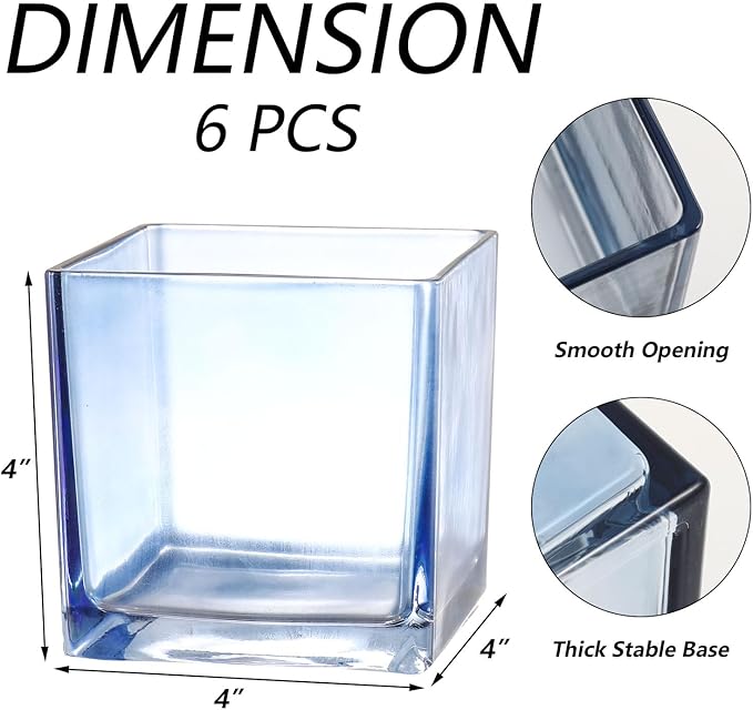 Square Glass Vases Set of 6, 4" x 4" x 4" Square Flower Vases for Centerpieces, Blue Vase for Flowers, Small Vase for Wedding, Party, Home Office Decoration