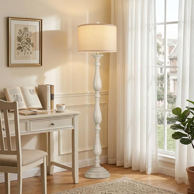 PARTPHONER Vintage Floor Lamp for Living Room, Rustic Farmhouse Standing Lamp with Rotary Switch and Linen Shade, Retro Resin Floor Lamp for Bedroom, Corner, Dining Room, House Decor, White