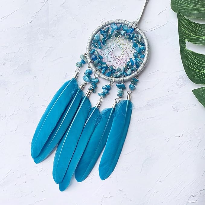 Car Rear View Mirrior Hanging Accessories Blue Dream Catcher Small, Crystals Stones Feather Pendant Interior Rearview Mirror Decoration