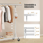 Heavy Duty Clothes Rack, 530 lbs Load Capacity Metal Garment Rack on Wheels - Collapsible Adjustable Portable Storage with Hooks, White