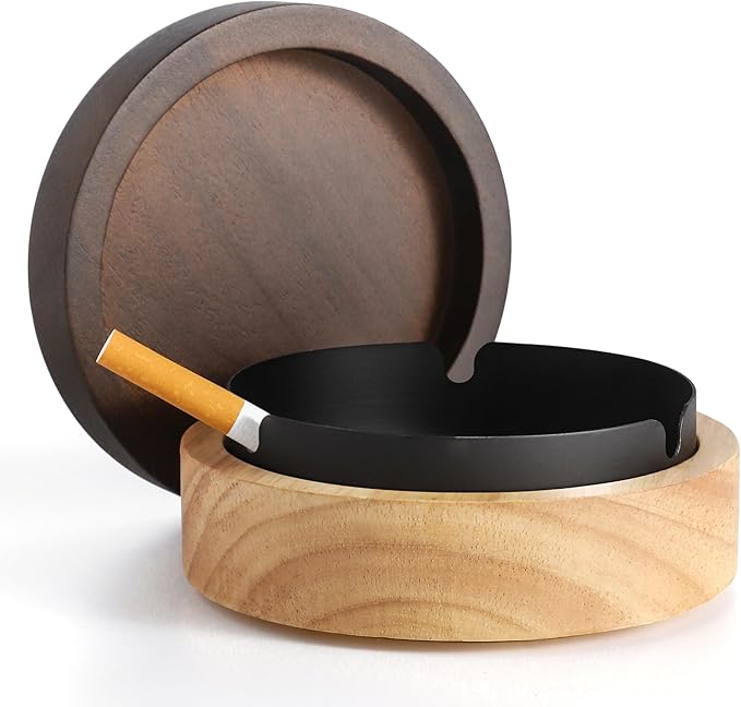 Cute Ashtrays for Cigarettes Smokeless Ash Tray with Stainless Steel Liner Windproof Wooden Ashtray with Lid for Home Office Tabletop Outside Patio