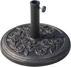 18" 20 Lbs Round Resin Umbrella Base Stand with Decorative Rose Floral Pattern & Easy Setup, Antique Bronze