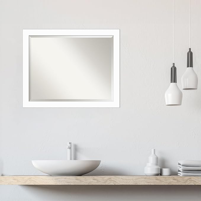 Amanti Art White Wall Mirror 25x31 Basic White Narrow Rectangle Bathroom Mirror for Wall Decor Living Room, Large Casual Wood Frame, Hangs Horizonally and Vertically, Bathroom Decor, Beveled Edge