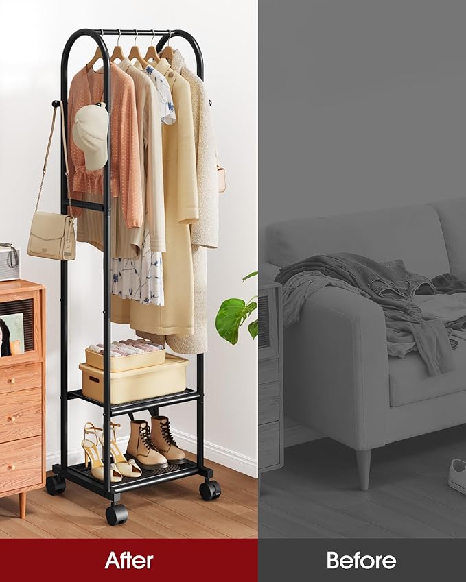 Heavy Duty Premium Clothes Rack with 2-Tier Mesh Shoe Shelves & 4 Hooks, Lockable Wheels, Space-Saving, Multi-Functional for Bedroom, Entryway, Closet, Modern Design, 18.4" x 12.6" x 72", Black