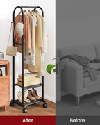 Heavy Duty Premium Clothes Rack with 2-Tier Mesh Shoe Shelves & 4 Hooks, Lockable Wheels, Space-Saving, Multi-Functional for Bedroom, Entryway, Closet, Modern Design, 18.4" x 12.6" x 72", Black